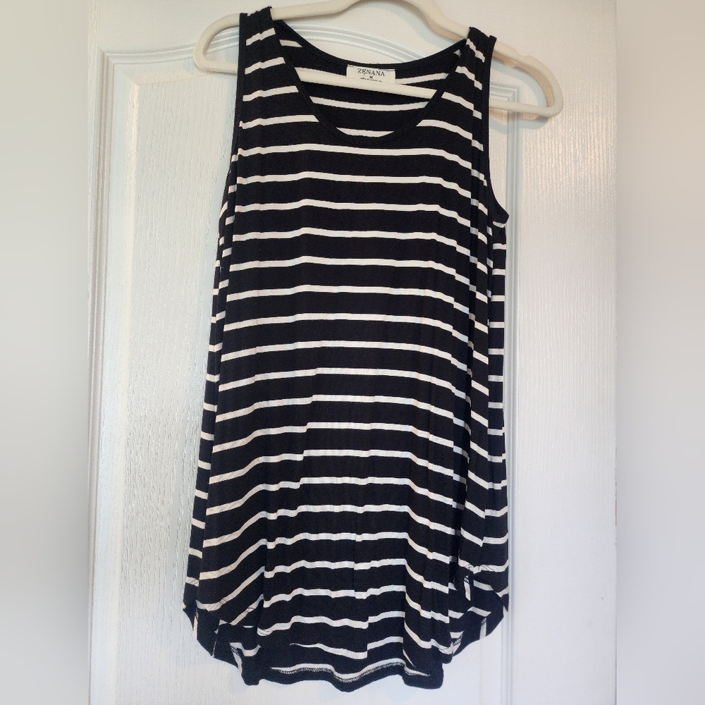 EUC black White Stripe Zenana Tank Top Tunic Flowy Medium Shirt Hi Low